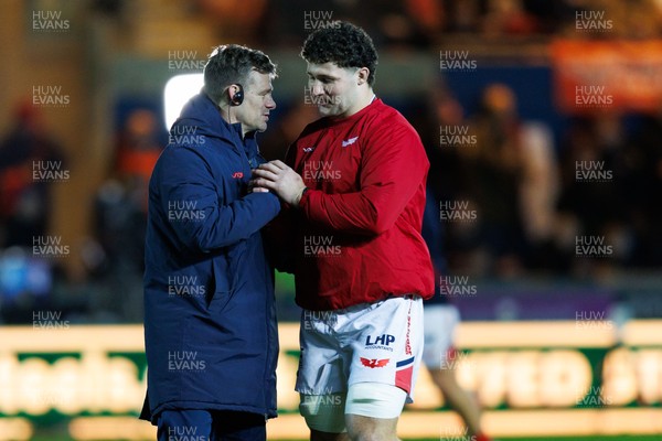 261225 - Scarlets v Ospreys - United Rugby Championship - Scarlets head coach Dwayne Peel and Fletcher Anderson of Scarlets during the warm up