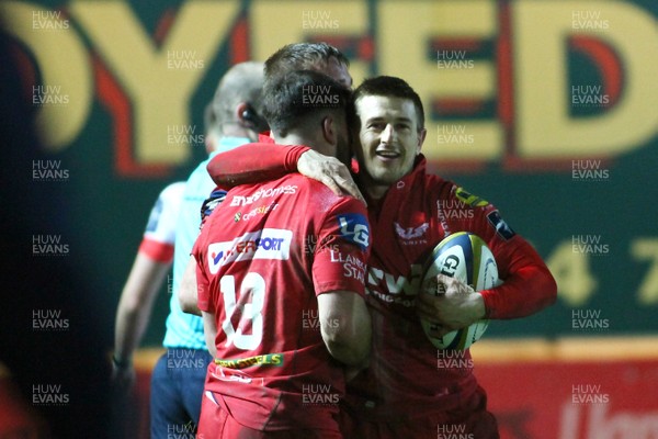 020218 Scarlets v Sale Sharks - Anglo-Welsh Cup -  Lee Rees of Scarlets celebrates his try 