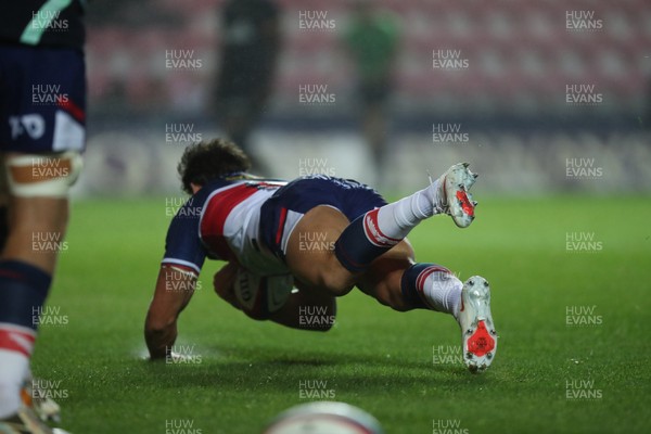 180926 - Scarlets v Saracens - Preseason Friendly -  Eddie James of Scarlets scores a try