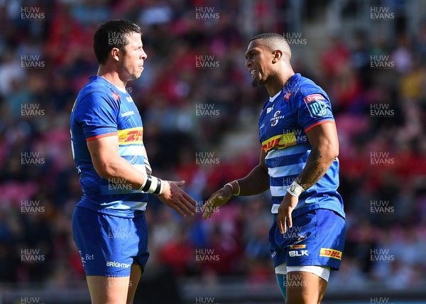 210522 - Scarlets v Stormers - United Rugby Championship - Ruhan Nel and Leolin Zas of Stormers