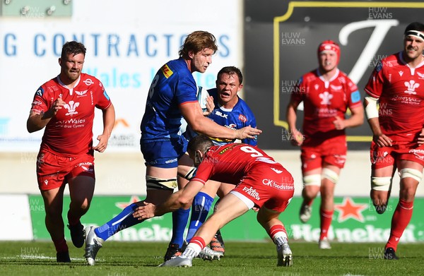 210522 - Scarlets v Stormers - United Rugby Championship - Evan Roos of Stormers is tackled by Gareth Davies of Scarlets