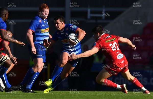 210522 - Scarlets v Stormers - United Rugby Championship - Ruhan Nel of Stormers is tackled by Tomas Lezana of Scarlets