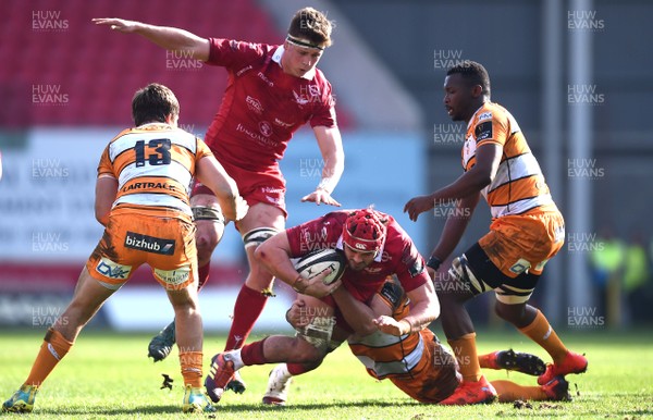 240219 - Scarlets v Cheetahs - Guinness PRO14 - Josh Macleod of Scarlets is tackled by Dries Swanepoel of Cheetahs