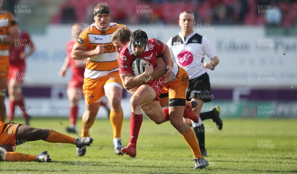 240219 - Scarlets v Toyota Cheetahs - Guinness PRO14 - Leigh Halfpenny of Scarlets is tackled by William Small-Smith of Cheetahs