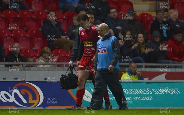 030513 - Scarlets v Treviso - RaboDirect PRO12 -George North of Scarlets is treated for injury after leaving the pitch 