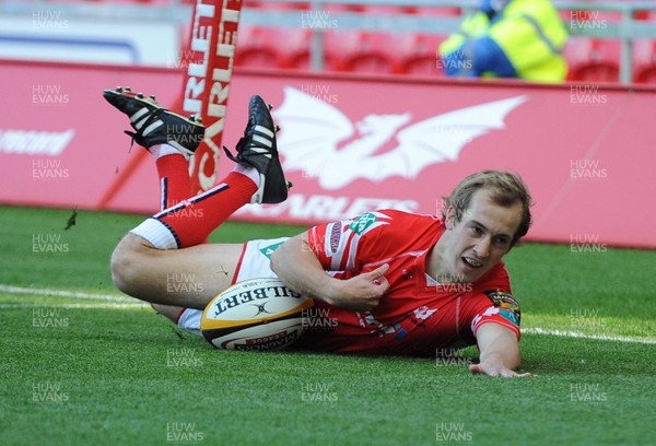 16.05.09 - Magners League Rugby -  Llanelli Scarlets v Ulster Scarlets' Lee Williams dives over to score a try 