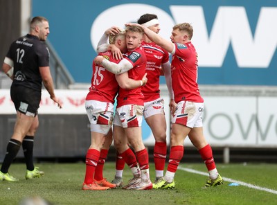 240126 - Scarlets v Ulster - United Rugby Championship - Blair Murray of Scarlets celebrates scoring a try with team mates