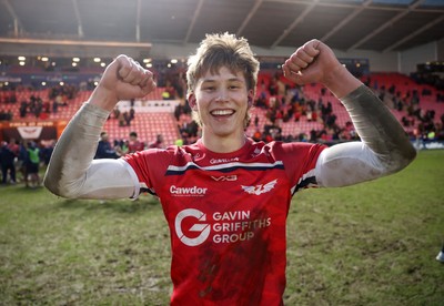 240126 - Scarlets v Ulster - United Rugby Championship - Ellis Mee of Scarlets celebrates at full time