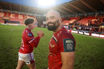 240126 - Scarlets v Ulster - United Rugby Championship - Josh Macleod of Scarlets celebrates at full time