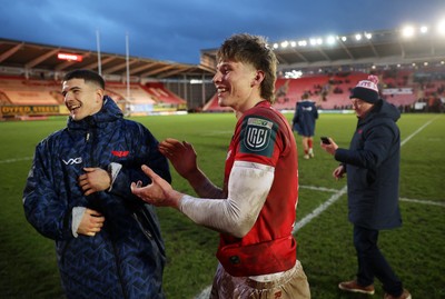 240126 - Scarlets v Ulster - United Rugby Championship - Joe Hawkins and Ellis Mee of Scarlets at full time
