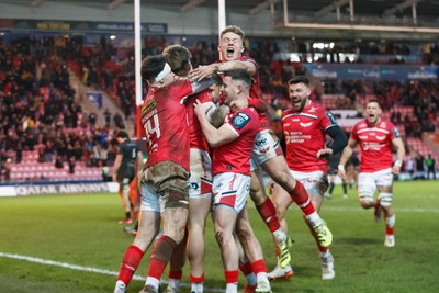 240126 - Scarlets v Ulster - United Rugby Championship - Ellis Mee of Scarlets celebrates after scoring the winning try