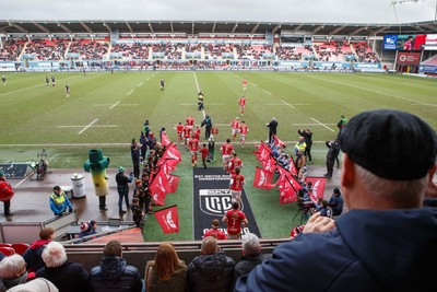 240126 - Scarlets v Ulster - United Rugby Championship - Scarlets run out onto the pitch before the game