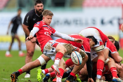 240126 - Scarlets v Ulster - United Rugby Championship - Archie Hughes of Scarlets kicks the ball