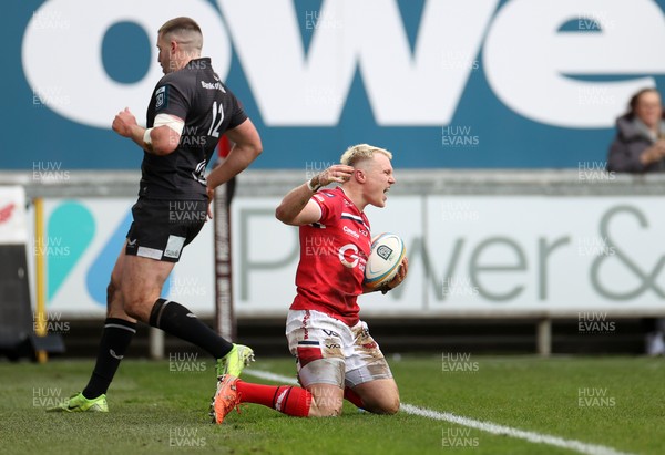 240126 - Scarlets v Ulster - United Rugby Championship - Blair Murray of Scarlets celebrates scoring a try
