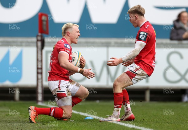 240126 - Scarlets v Ulster - United Rugby Championship - Blair Murray of Scarlets celebrates scoring a try