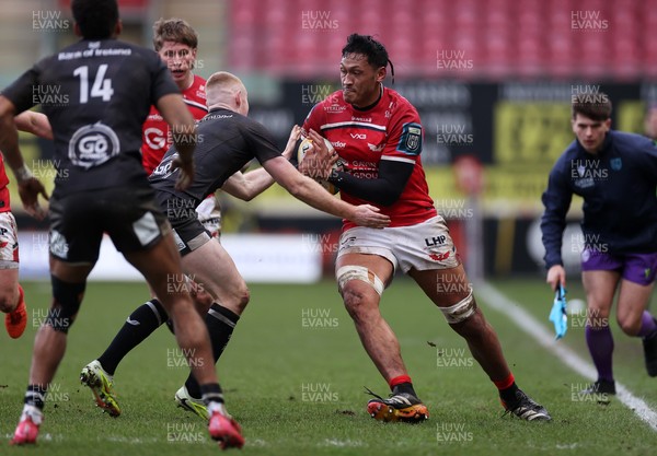 240126 - Scarlets v Ulster - United Rugby Championship - Sam Lousi of Scarlets is tackled by Nathan Doak of Ulster 