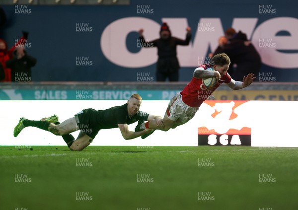 240126 - Scarlets v Ulster - United Rugby Championship - Ellis Mee of Scarlets dives over the line to score the game winning try