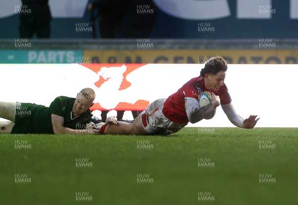 240126 - Scarlets v Ulster - United Rugby Championship - Ellis Mee of Scarlets dives over the line to score the game winning try