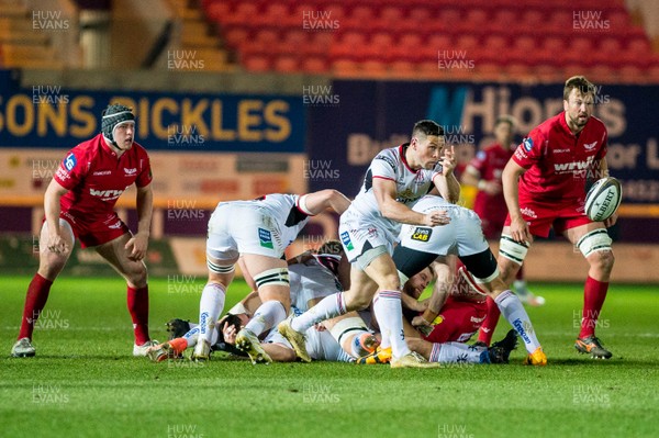 240218 - Scarlets v Ulster, Guinness PRO14 -  John Cooney of Ulster passes the ball out 