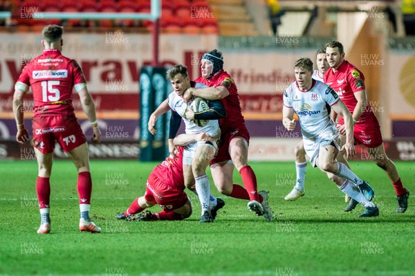 240218 - Scarlets v Ulster, Guinness PRO14 - Louis Ludik of Ulster is brought down 