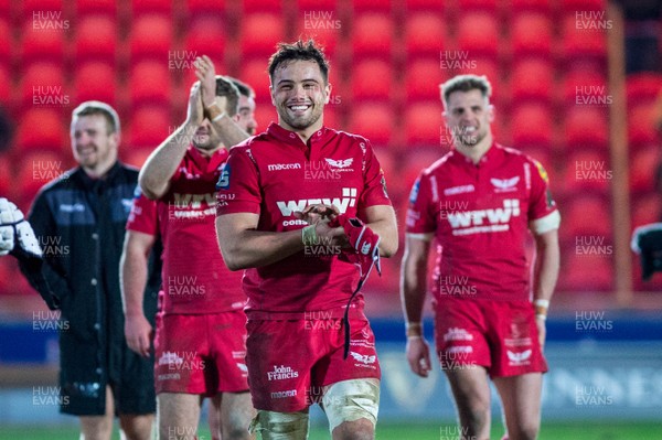240218 - Scarlets v Ulster, Guinness PRO14 - Josh Macleod of Scarlets smiles after the final whistle 