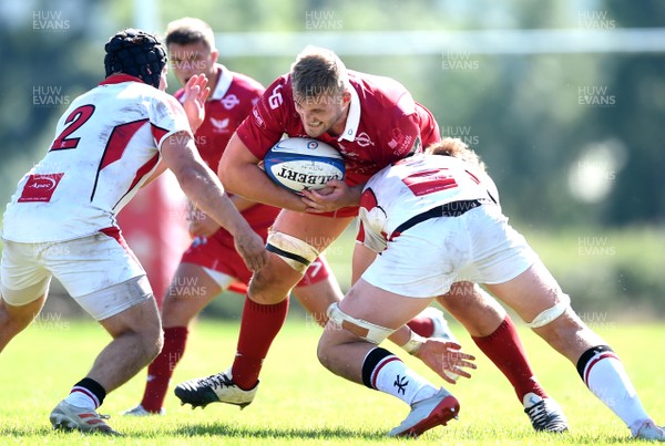 240819 - Scarlets A v Ulster A - Celtic Cup - Robin Williams of Scarlets A is tackled by Zack McCall and Joe Dunleavey