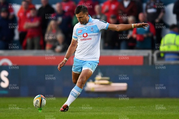 250426 - Scarlets v Vodacom Bulls - United Rugby Championship - Handre Pollard of Bulls kicks the conversion