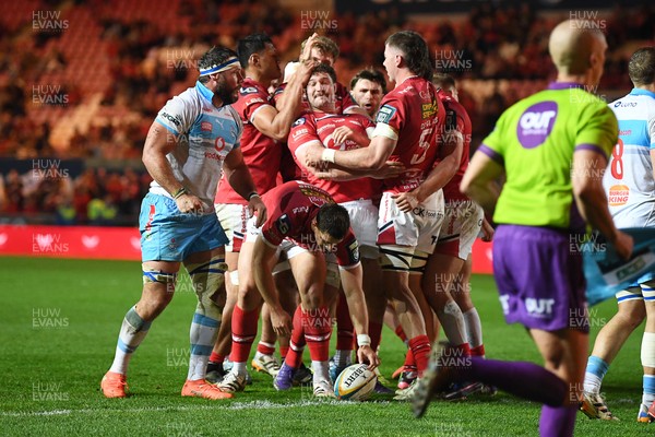 250426 - Scarlets v Vodacom Bulls - United Rugby Championship - Fletcher Anderson of Scarlets celebrates scoring a try with team mates