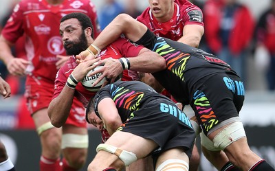 121019 - Scarlets v Zebre Rugby - Guinness PRO14 - Uzair Cassiem of Scarlets is pushed back