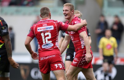 121019 - Scarlets v Zebre Rugby - Guinness PRO14 - Johnny McNicholl of Scarlets celebrates scoring a try