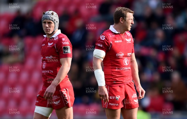 130419 - Scarlets v Zebre - Guinness PRO14 - Jonathan Davies and Hadleigh Parkes of Scarlets