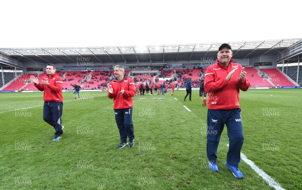 130419 - Scarlets v Zebre - Guinness PRO14 - Scarlets coaches Wayne Pivac, Byron Hayward and Stephen Jones after their final home game with the Scarlets
