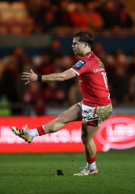 200326 - Scarlets v Zebre Parma - United Rugby Championship - Carwyn Leggatt-Jones of Scarlets kicks the conversion