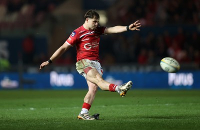 200326 - Scarlets v Zebre Parma - United Rugby Championship - Carwyn Leggatt-Jones of Scarlets kicks the conversion