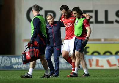 200326 - Scarlets v Zebre Parma - United Rugby Championship - Marnus van der Merwe of Scarlets leaves the field injured