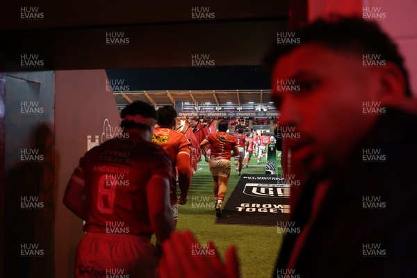 200326 - Scarlets v Zebre Parma - United Rugby Championship - Archer Holz of Scarlets runs out at the start of the game