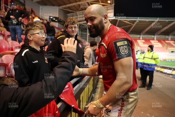 200326 - Scarlets v Zebre Parma - United Rugby Championship - Josh Macleod of Scarlets with fans