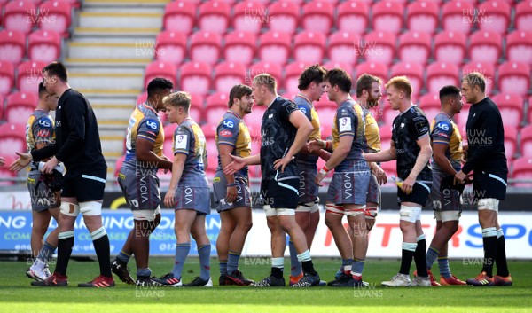 250920 - Scarlets v Ospreys - Preseason Friendly - Players shake hands at the end of the game