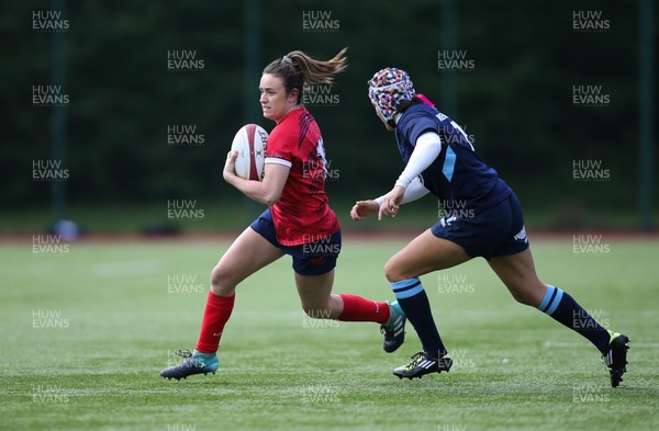 230918 - Scarlets Women v Cardiff Blues Women - Brittony Price of Scarlets takes on Raf Taylor of Blues