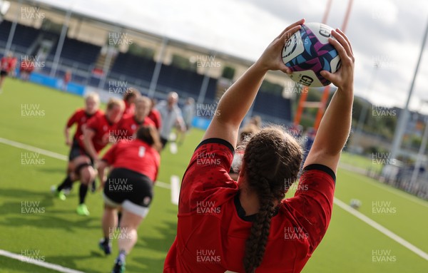 200923 - Scotland Women and Wales Women Combined Training Session - Carys Phillips prepares to throw the ball in during a combined training session against Scotland in Edinburgh