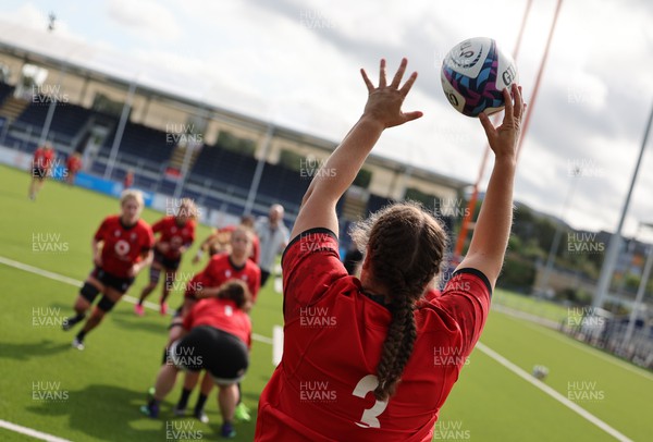 200923 - Scotland Women and Wales Women Combined Training Session - Carys Phillips prepares to throw the ball in during a combined training session against Scotland in Edinburgh