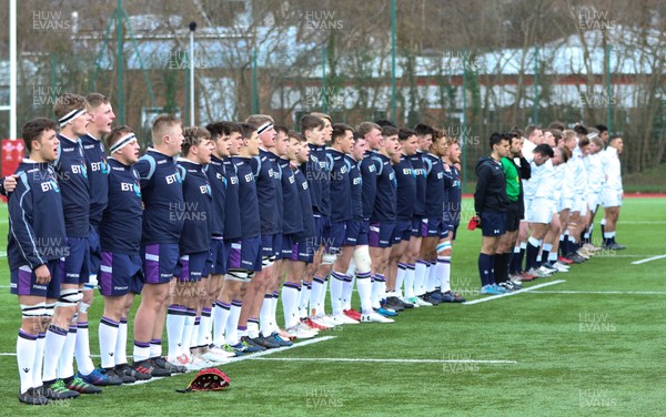 310318 - Scotland U18 v England U18, U18s Six Nations Festival, Ystrad Mynach- The teams line up for the anthems