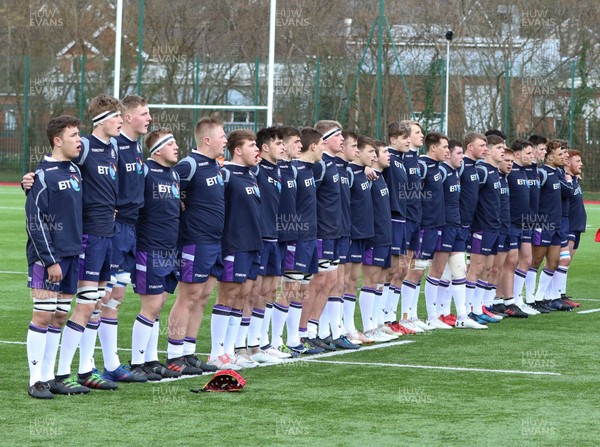 310318 - Scotland U18 v England U18, U18s Six Nations Festival, Ystrad Mynach- The teams line up for the anthems