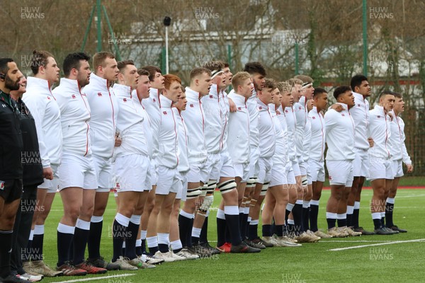 310318 - Scotland U18 v England U18, U18s Six Nations Festival, Ystrad Mynach- The England team line up for the anthems