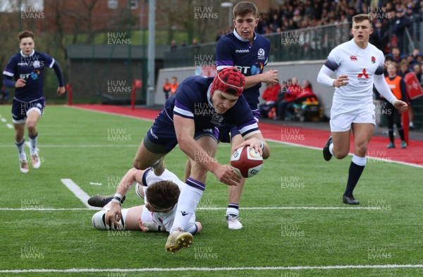 310318 - Scotland U18 v England U18, U18s Six Nations Festival, Ystrad Mynach- Jack Blain of Scotland dives in to score the try that gave them the lead over England