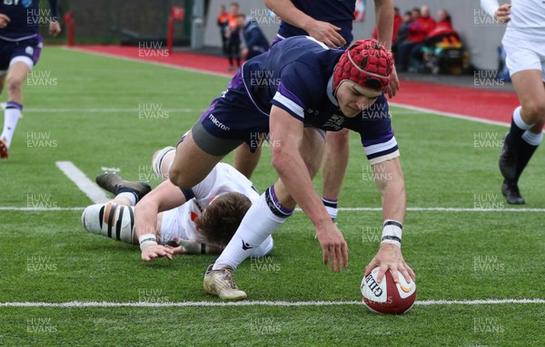 310318 - Scotland U18 v England U18, U18s Six Nations Festival, Ystrad Mynach- Jack Blain of Scotland dives in to score the try that gave them the lead over England
