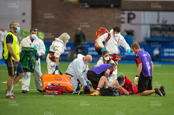 130721 - Wales U20 v Scotland U20 - Under 20 Six Nations  - Carrick McDonough of Wales is treated on the pitch for an injury