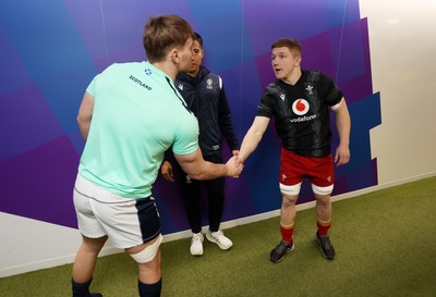 070325 - Scotland U20s v Wales U20s - U20s 6 Nations Championship - Captains Freddy Douglas of Scotland and Harry Beddall of Wales at the coin toss