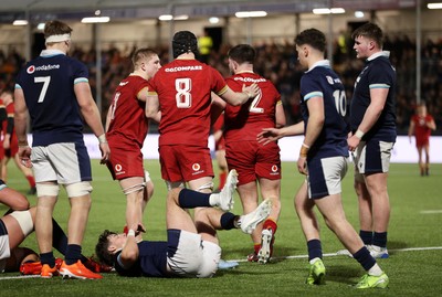 070325 - Scotland U20s v Wales U20s - U20s 6 Nations Championship - Harry Thomas of Wales celebrates scoring a try with team mates