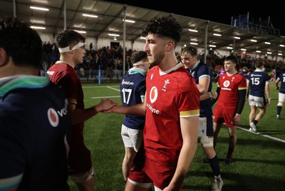 070325 - Scotland U20s v Wales U20s - U20s 6 Nations Championship - Elis Price of Wales shakes hands with opposition team at full time